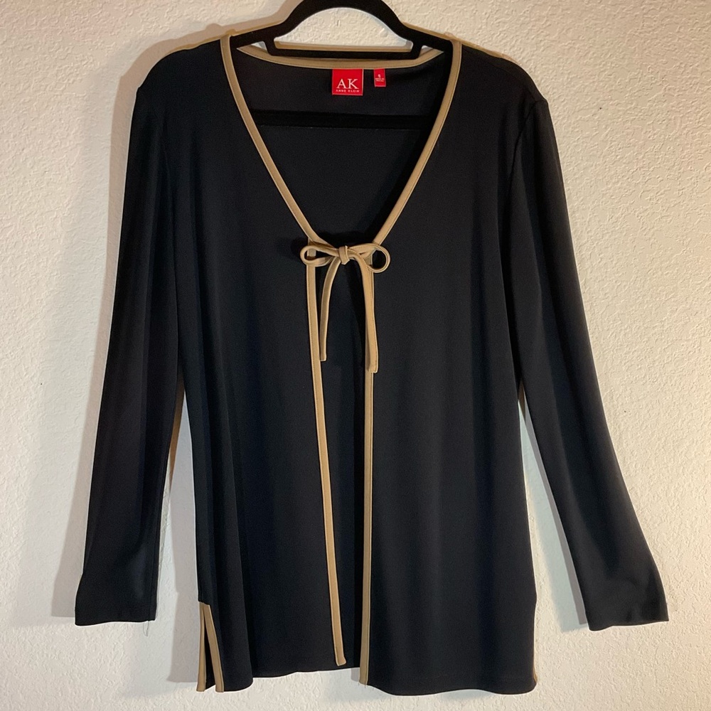 AK Ann Klein Tie Cardigan, Black with Brown: Size Small